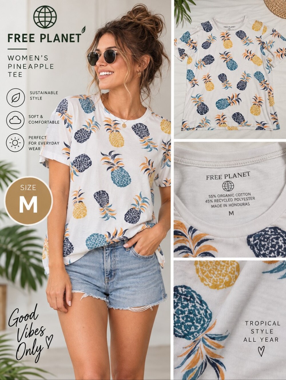 Free planet women's medium white pineapple shirt #25